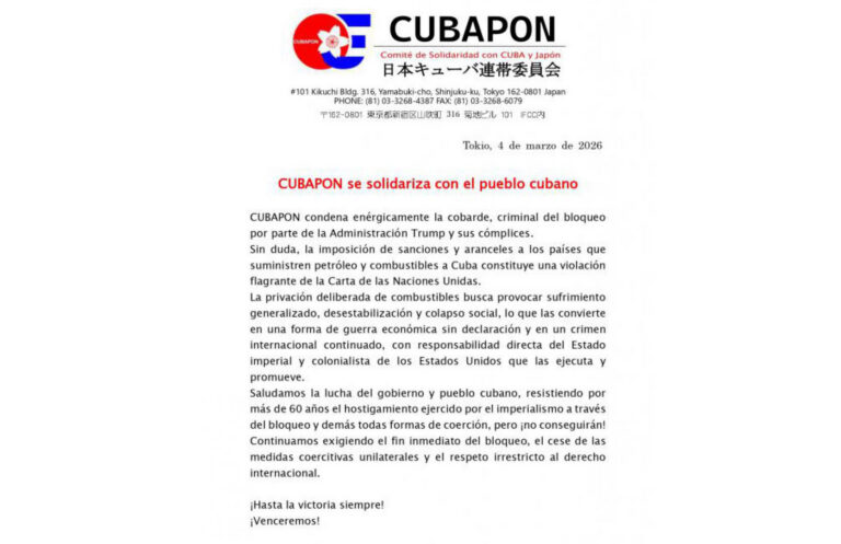 Reiteran desde Japón solidaridad con Cuba frente al bloqueo