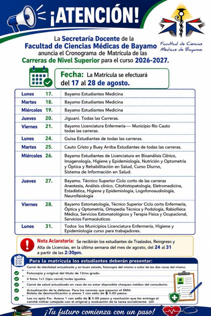 Iniciará en Granma matrícula a las carreras médicas del 17 al 28 de agosto